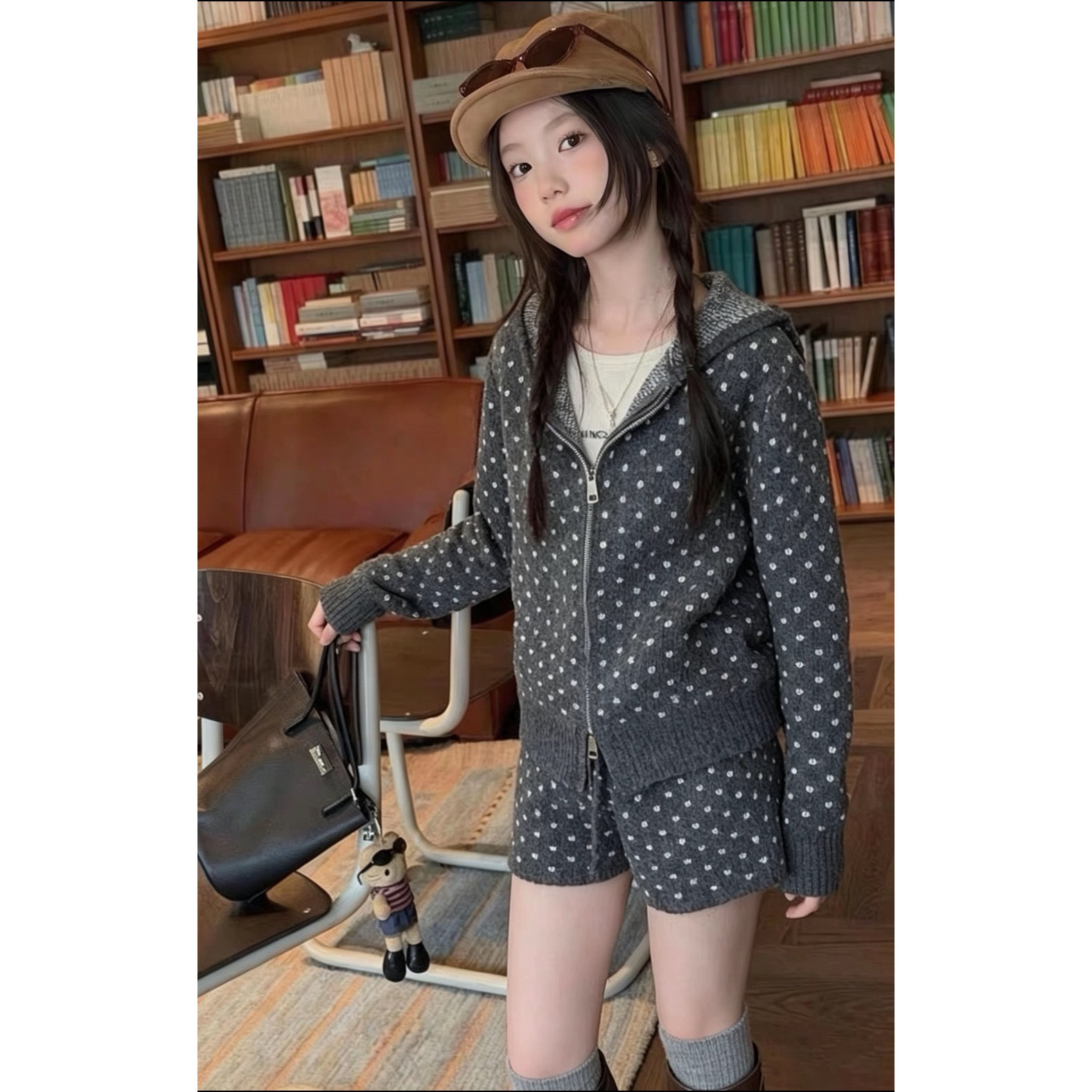 韩系女童波点针织套装2026秋冬季新款儿童上衣毛线短裤大童两件套