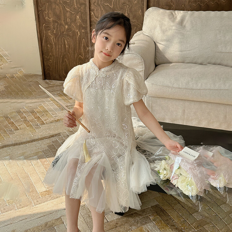 女童汉服夏季珍珠裙旗袍连衣裙2024新款小女孩洋气美人鱼公主纱裙