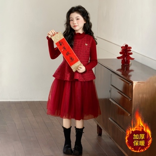 女童加绒连衣裙冬季2026新款大童冬装加厚年服裙儿童本命年红裙子