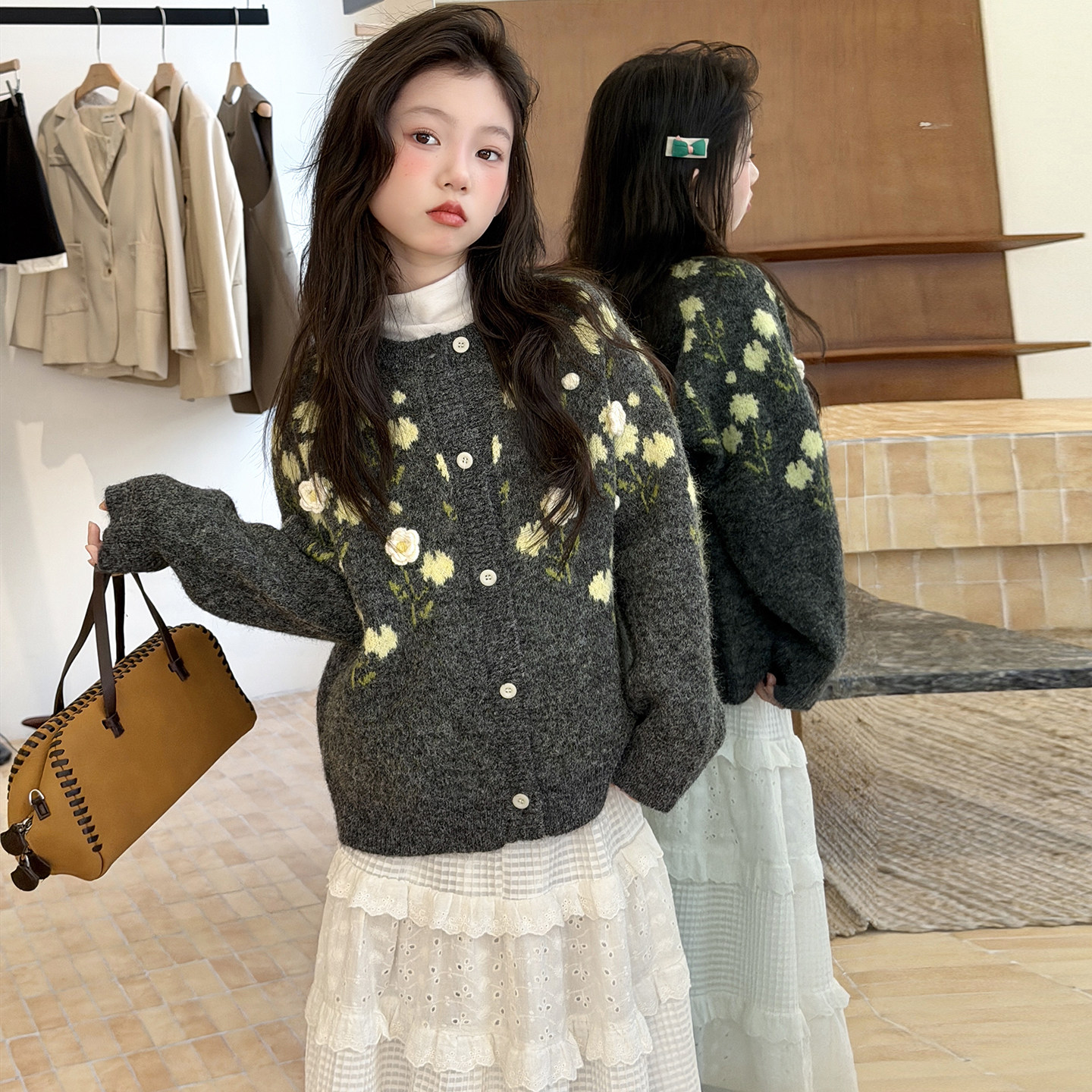 韩系女童绣花毛衣开衫2026立体花朵针织开衫女孩时髦软糯毛衣外套