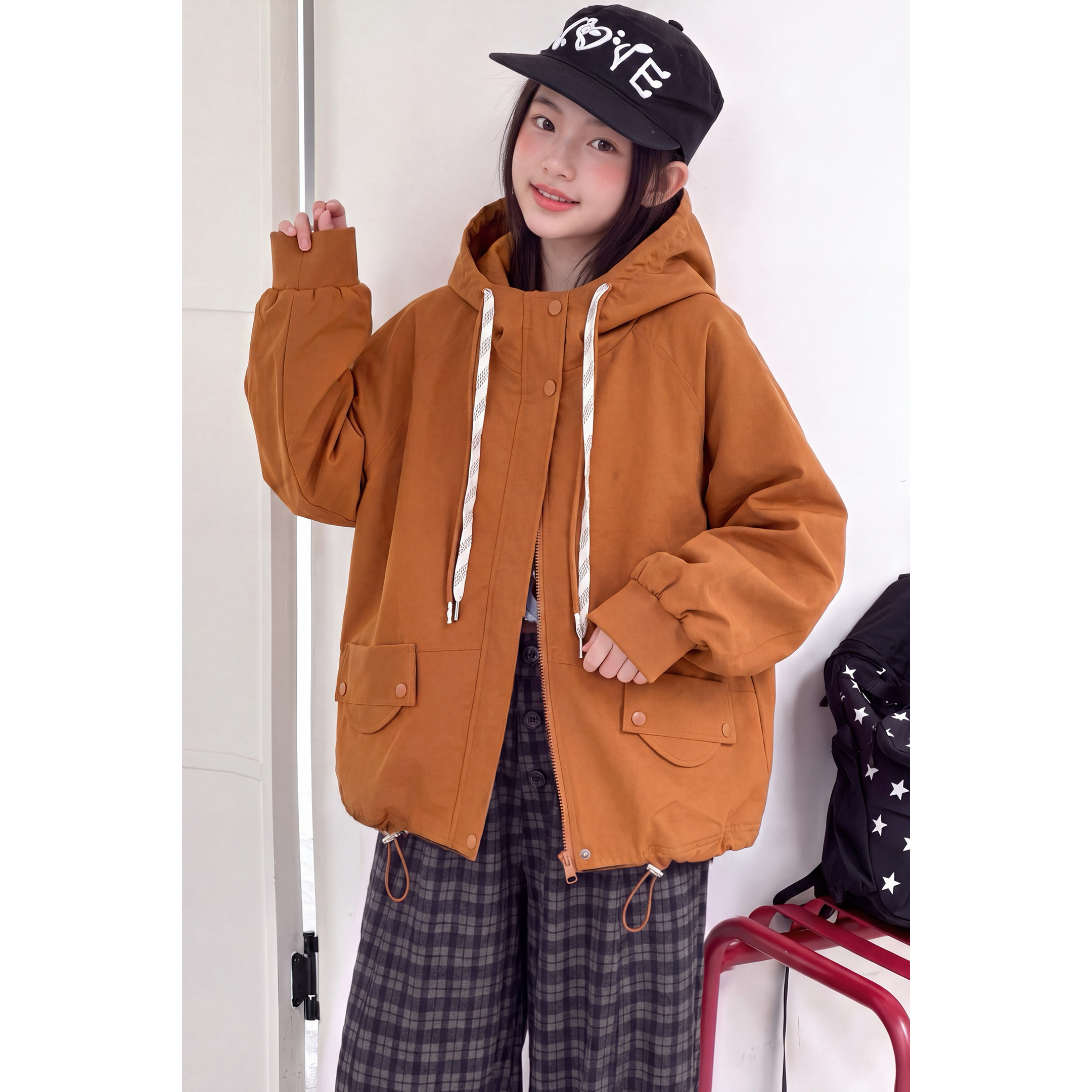 韩系女童连帽风衣外套2026春秋季新款中大儿童时髦洋气南瓜色上衣