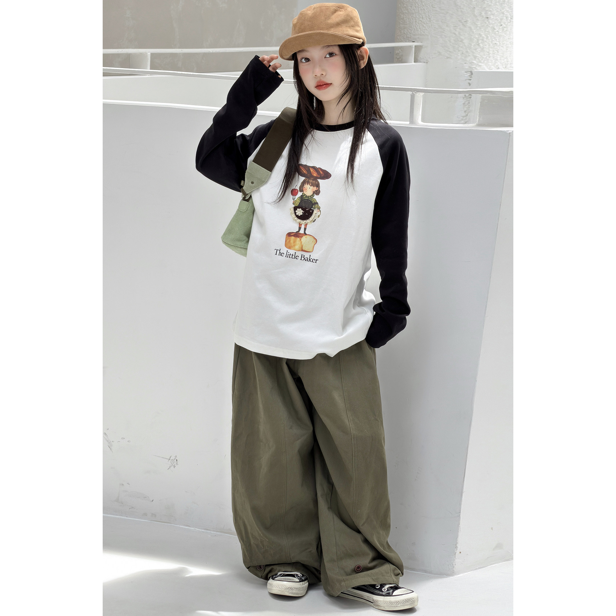 韩系女童秋季卡通印花长袖打底套装中大童阔腿裤两件套学生衣服潮
