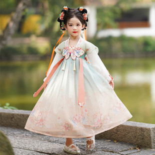 女童汉服2023春装新款中国风雪纺刺绣连衣裙儿童古风古装长袖襦裙