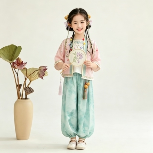 怀玉汉服女童2026春秋新款新中式儿童短袖长裤宝宝宋制古装三件套
