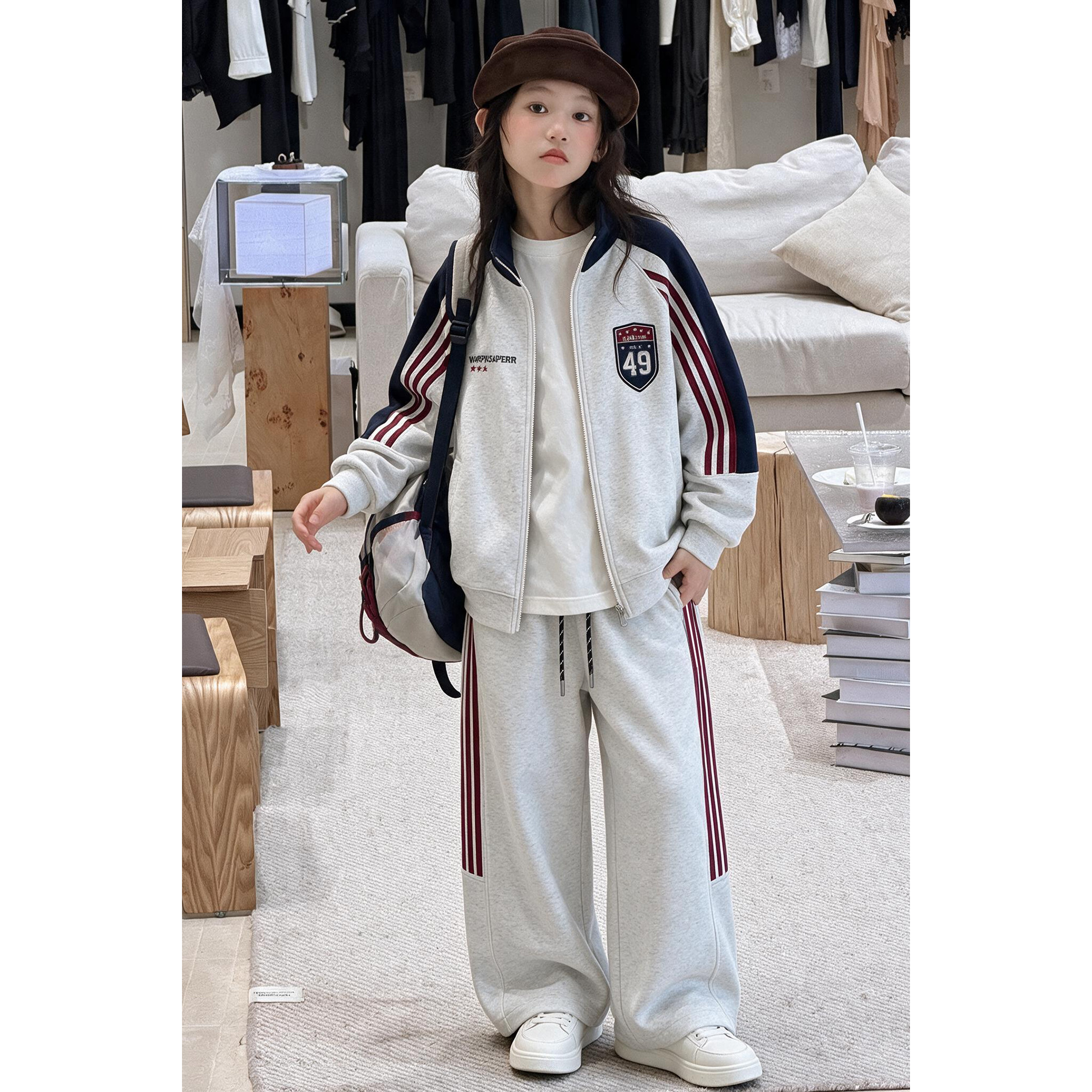 美式女童字母拼接立领卫衣套装2026秋季新款休闲卫裤时髦两件套装