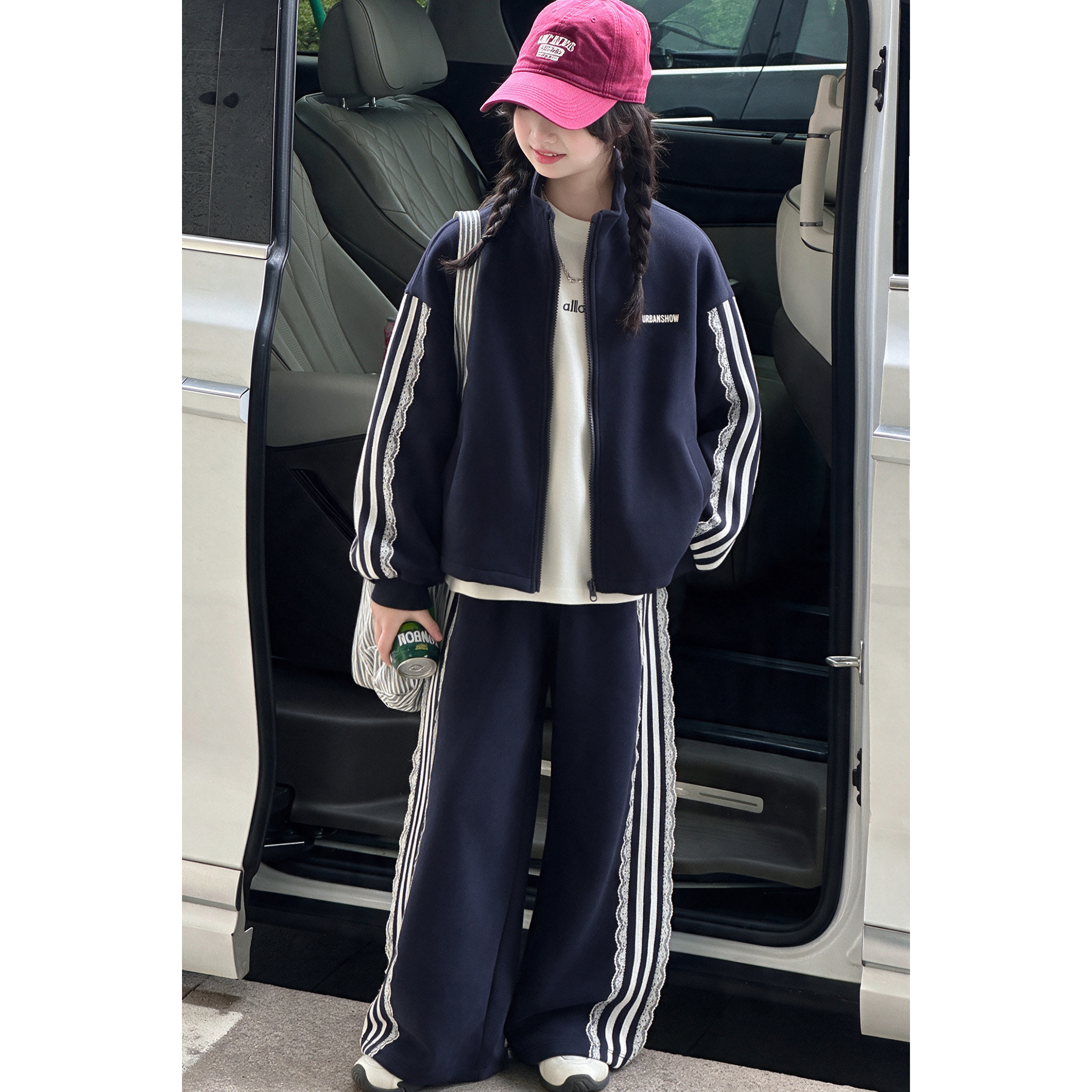 韩系女童运动套装2026新款秋装时髦中大童纯色休闲卫衣外套两件套
