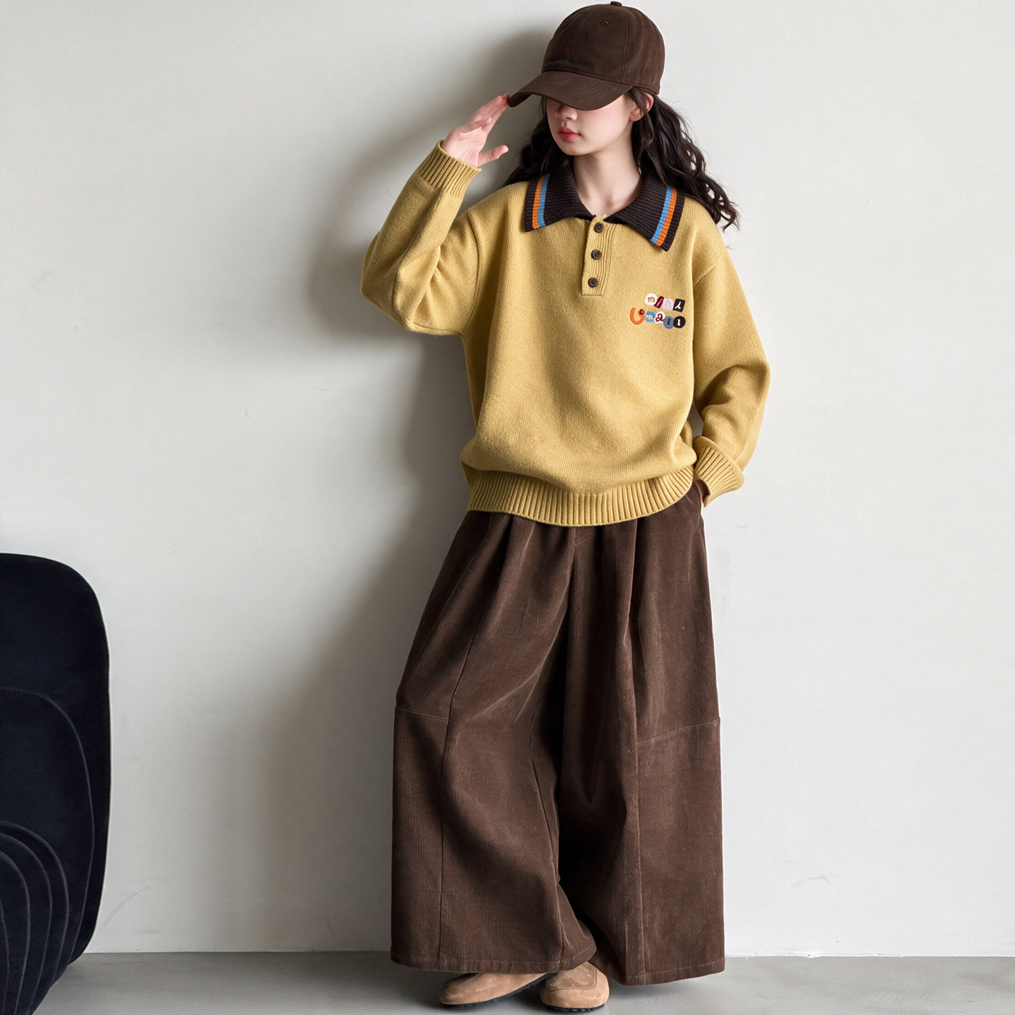 韩系女童毛衣秋冬2026新款学院风POLO领毛衣儿童时髦上衣灯芯绒裤