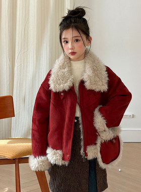 女童皮毛一体外套冬季2026新款儿童加绒红色拜年服冬装翻领毛毛衣