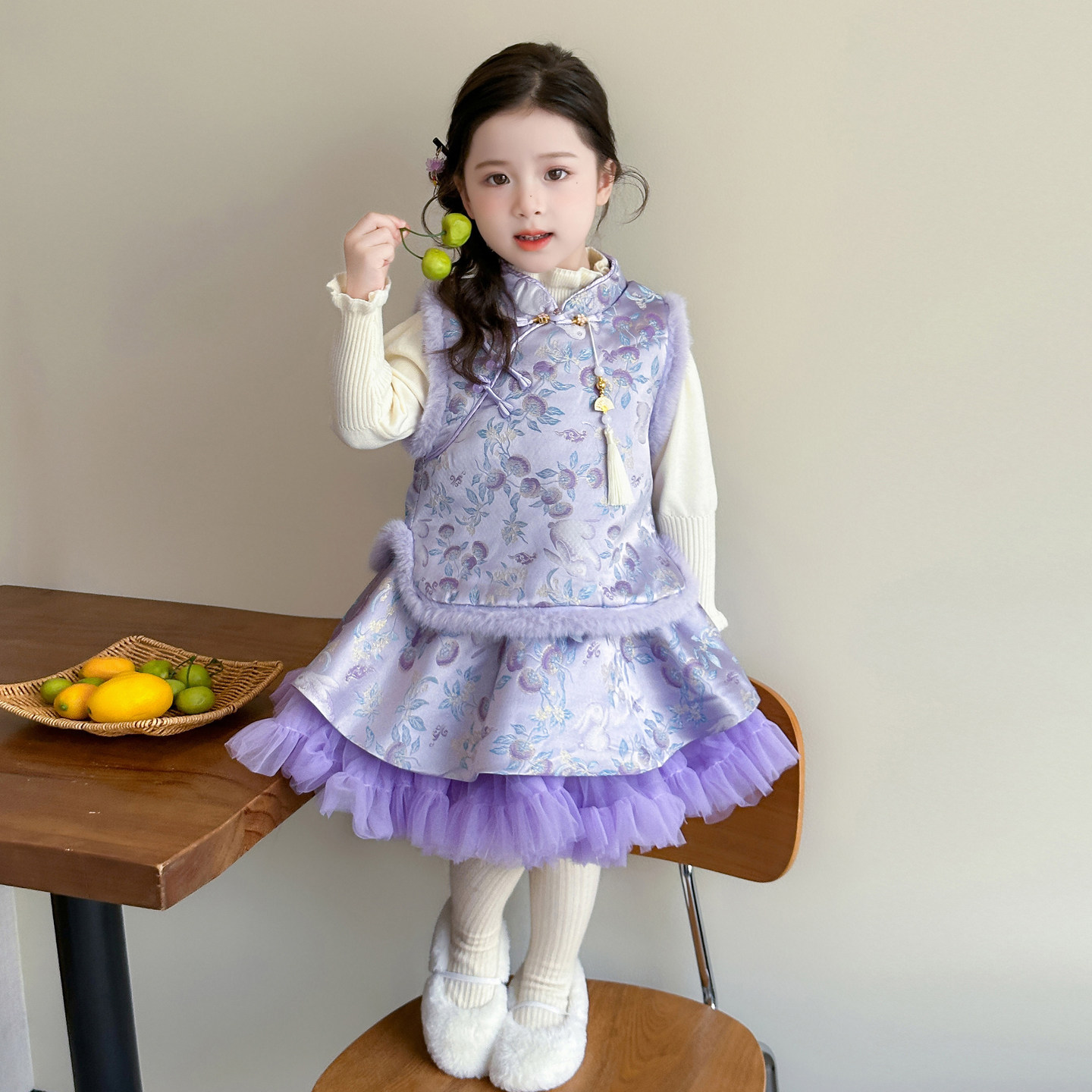 女童新中式加绒加厚唐装年服套装裙冬季2025新款小女孩洋气拜年服