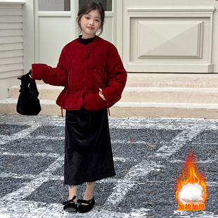 女童中国风冬季套装2026新款女大童超好看红色棉服外套儿童拜年服