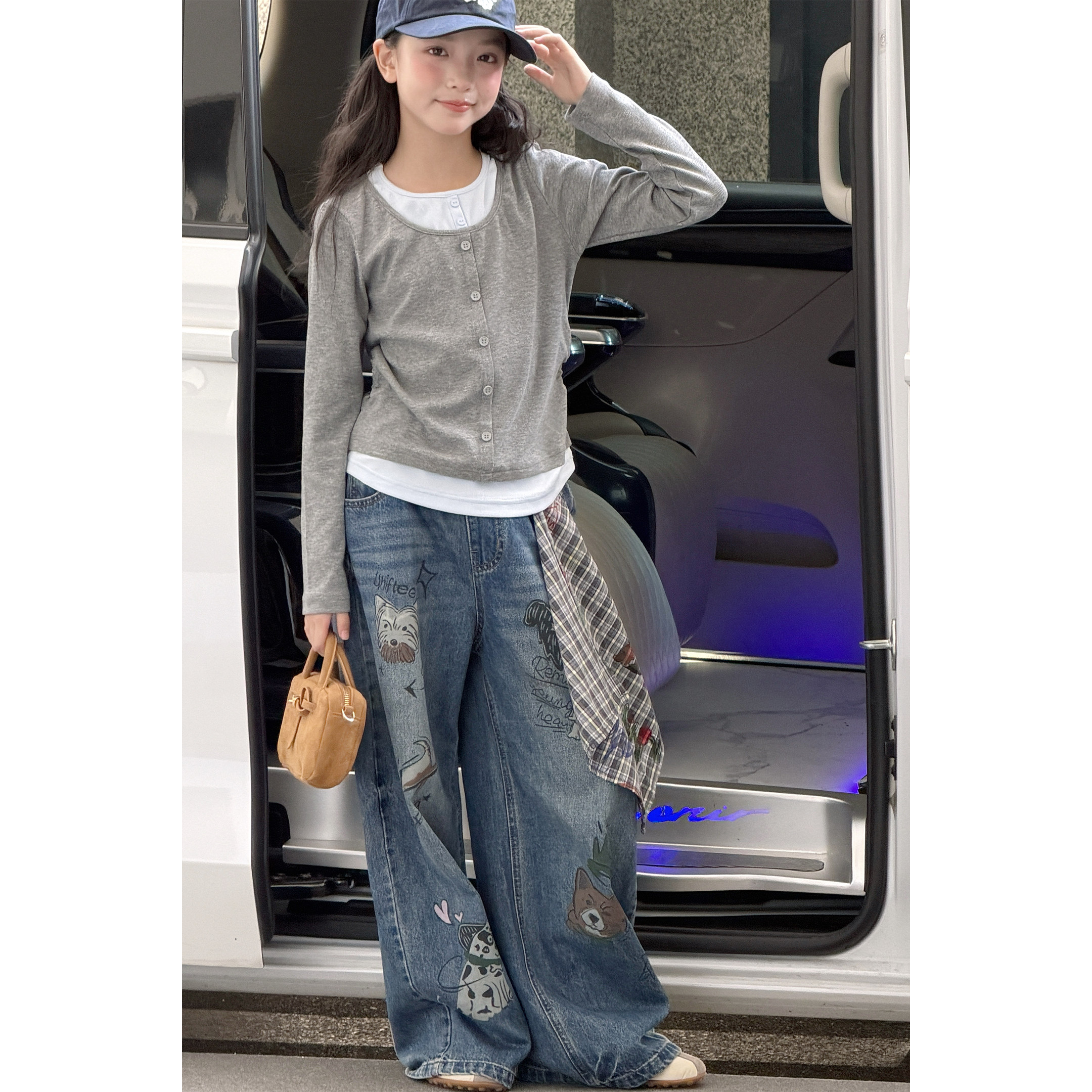 韩系女童套装2026新款秋季儿童假两件长袖T恤涂鸦阔腿牛仔裤套装