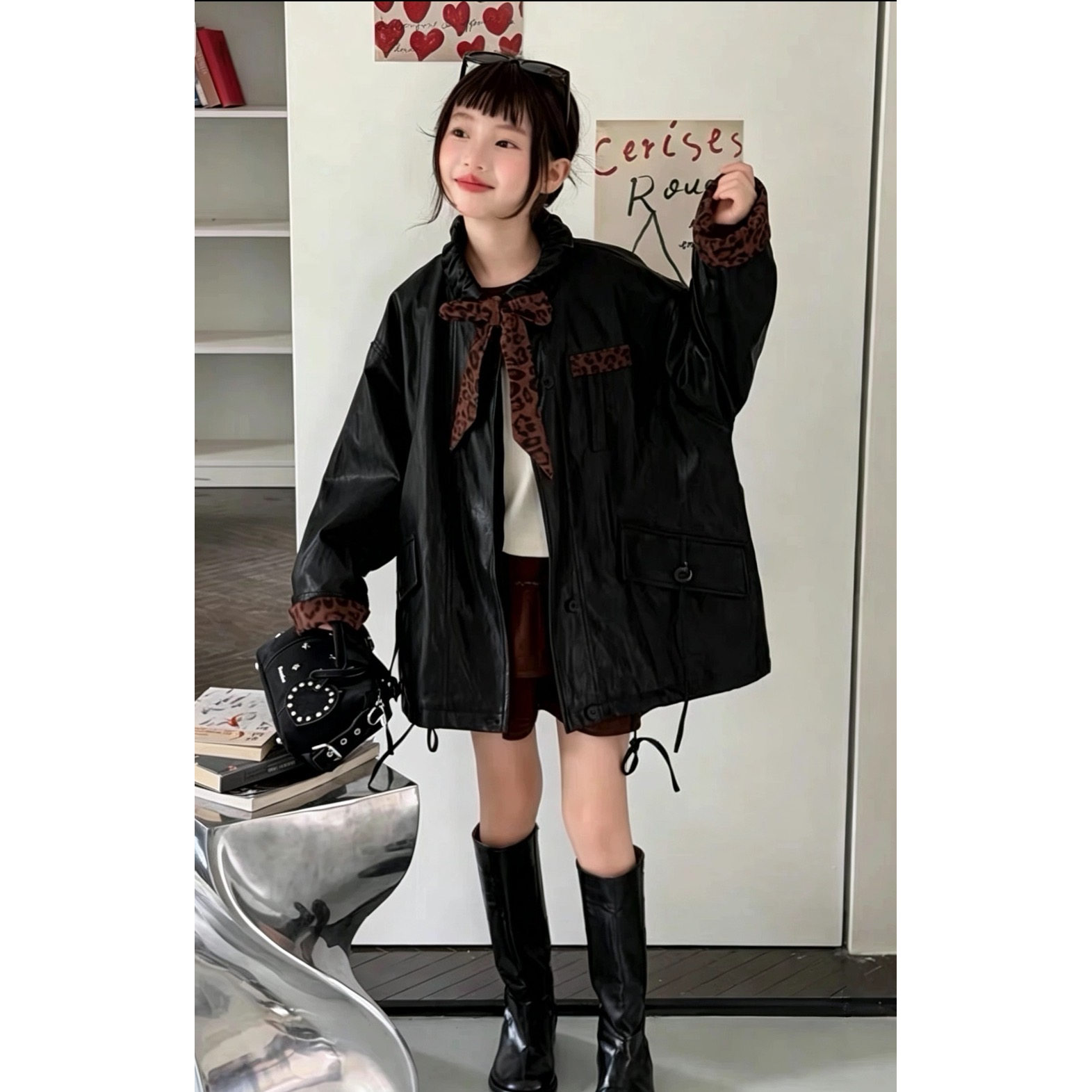 韩系女童豹纹皮衣外套2026秋冬季新款儿童装超洋气中长款上衣夹克