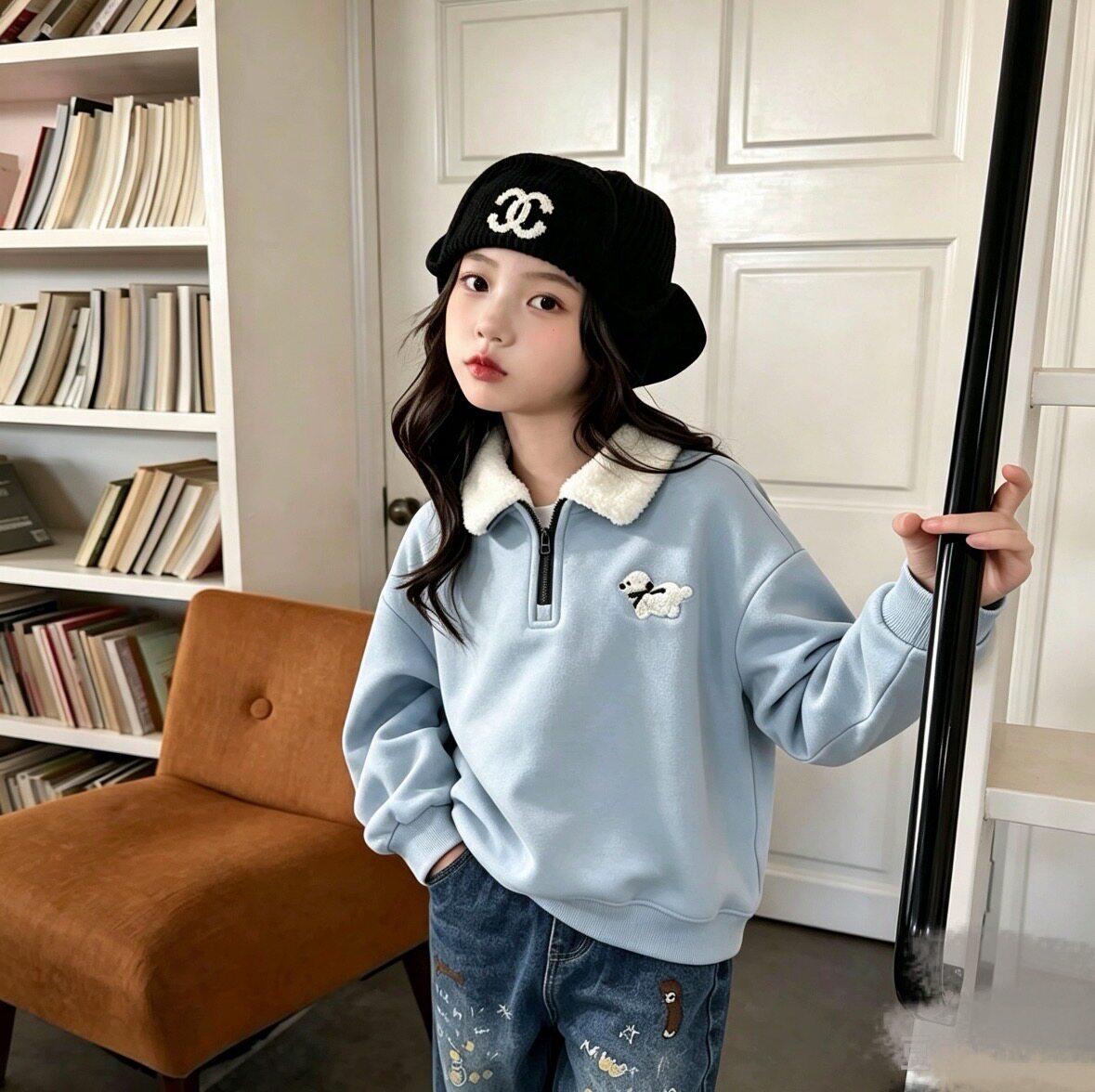韩系女童翻领加绒卫衣套装2026秋冬季新款儿童装牛仔阔腿裤两件套