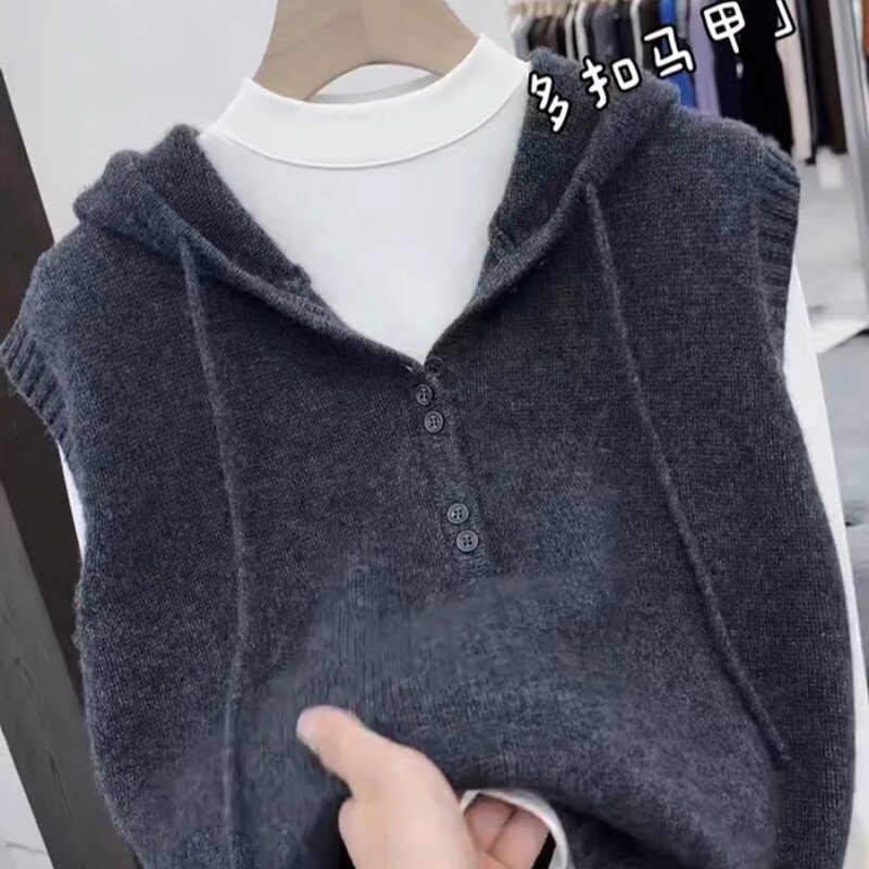 100纯羊毛连帽针织马甲女士深灰色无袖叠穿百搭显瘦背心坎肩上衣图片