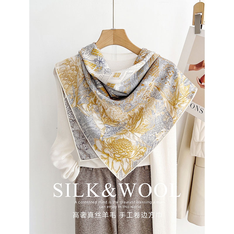 轻奢真丝羊毛丝巾2025秋冬新款丝毛大方巾精致优雅90丝毛披肩