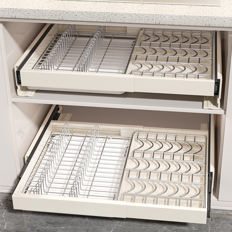 不锈钢抽屉式伸缩拉篮碗碟架免打孔厨房橱柜抽拉碗碟收纳沥水架子