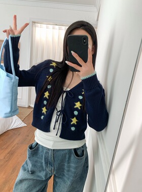 小众设计师短ju减龄款五角星提花深蓝色长袖系带款针织开衫上衣女