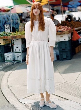 法系小众25春夏SE白色镂空刺绣泡泡袖连衣裙女气质收腰显瘦长裙