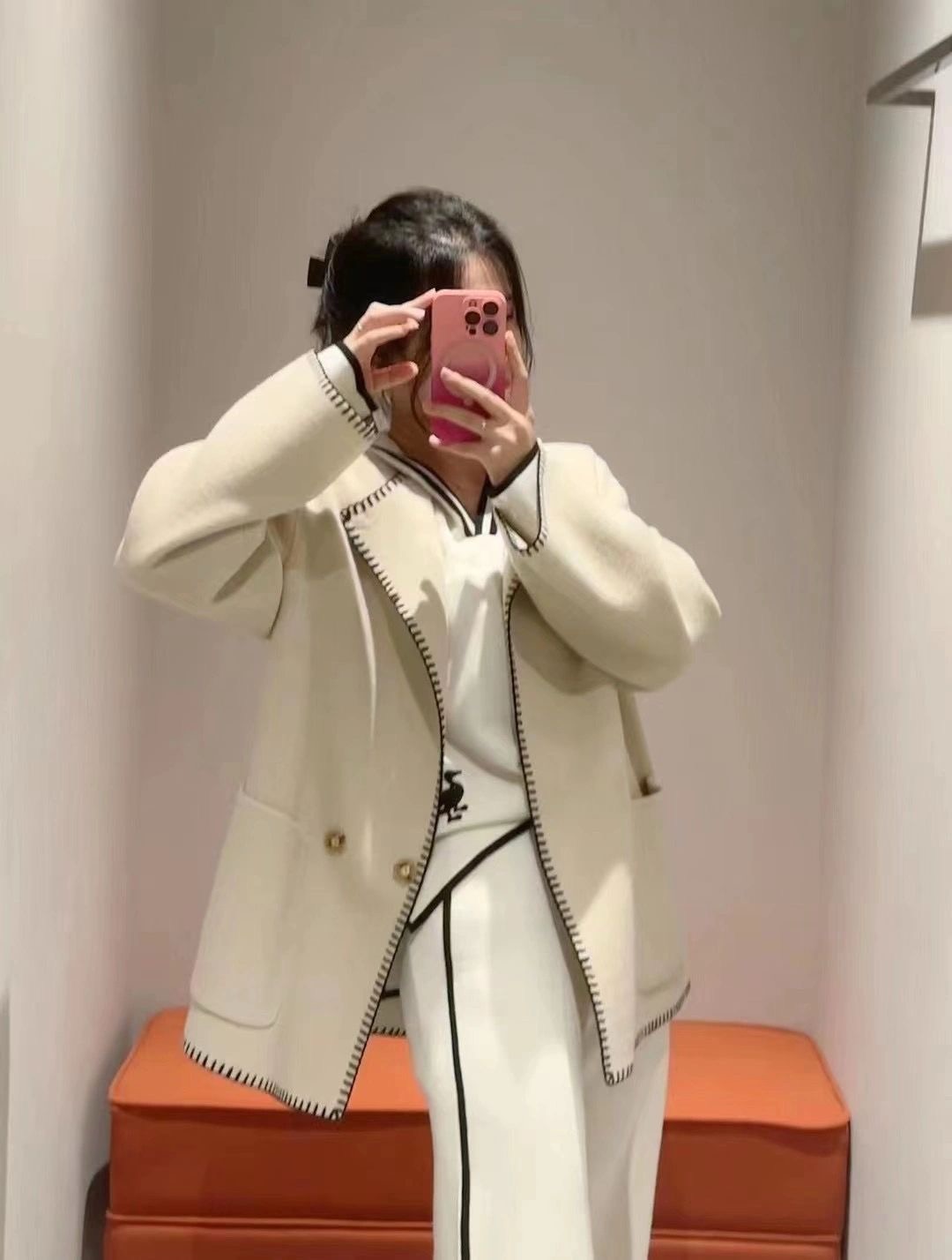 必入ES元厂100羊毛短款双面尼大衣钩边撞色米白色温柔气质外套女