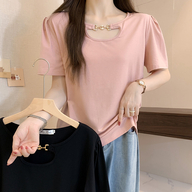 大码女装夏装新款胖妹妹修身镂空上衣显瘦泡泡袖小众宽松短袖T恤