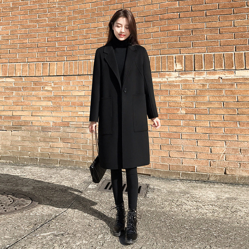 双面羊绒大衣女中长款2024年新款高端黑色毛呢气质西装领呢子外套