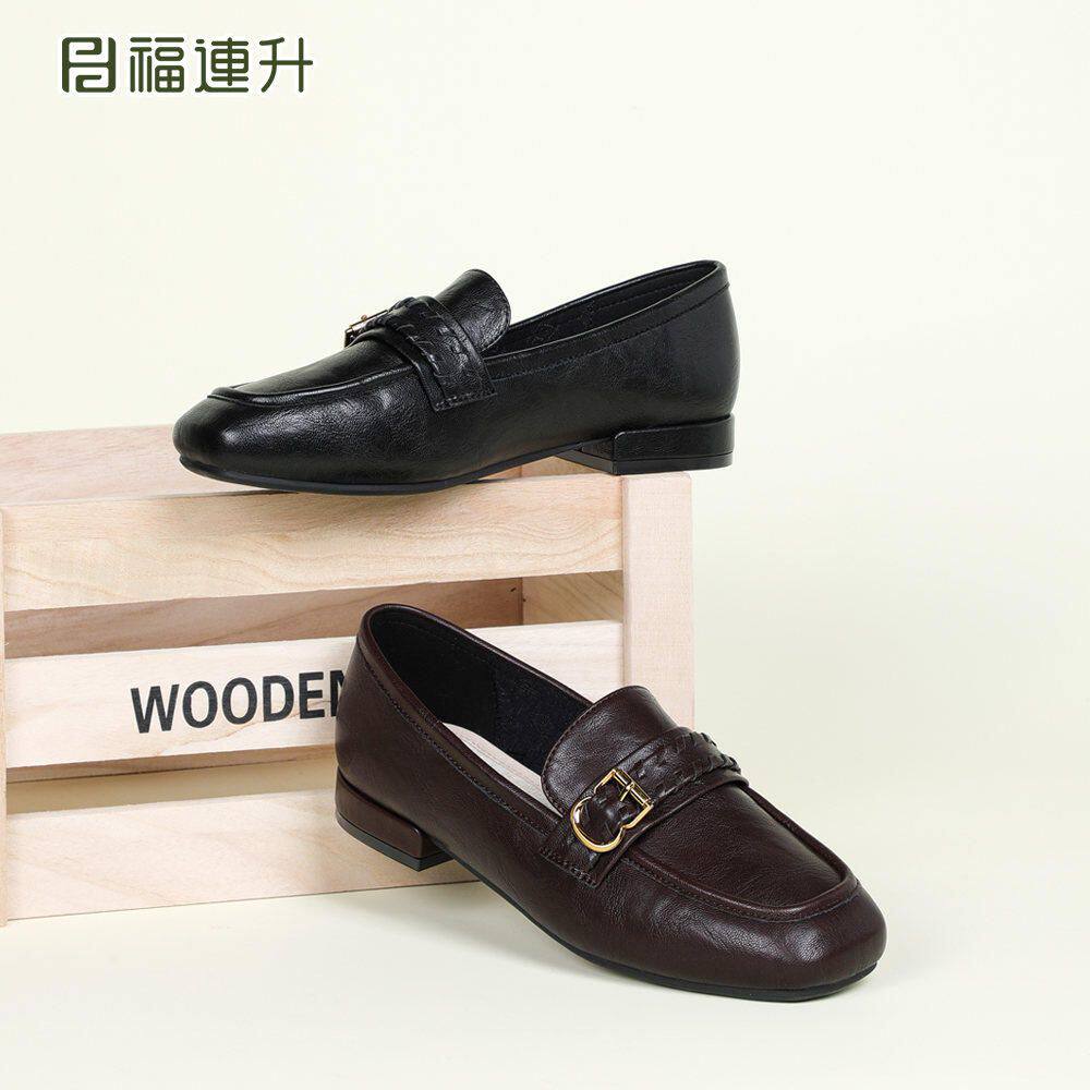 福连升2026春新款英伦风乐福鞋女鞋一脚蹬金属扣粗跟百搭通勤单鞋