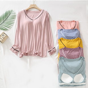 睡衣上衣单件女春秋莫代尔带胸垫一体长袖薄宽松 大码文胸家居服