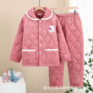 时尚洋气家居服女可外穿冬天加厚休闲季棉袄夹棉三层珊瑚绒睡衣