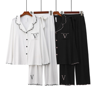 高级感超好看的睡衣可外穿轻奢风春秋白色女坑条莫代尔开衫家居服