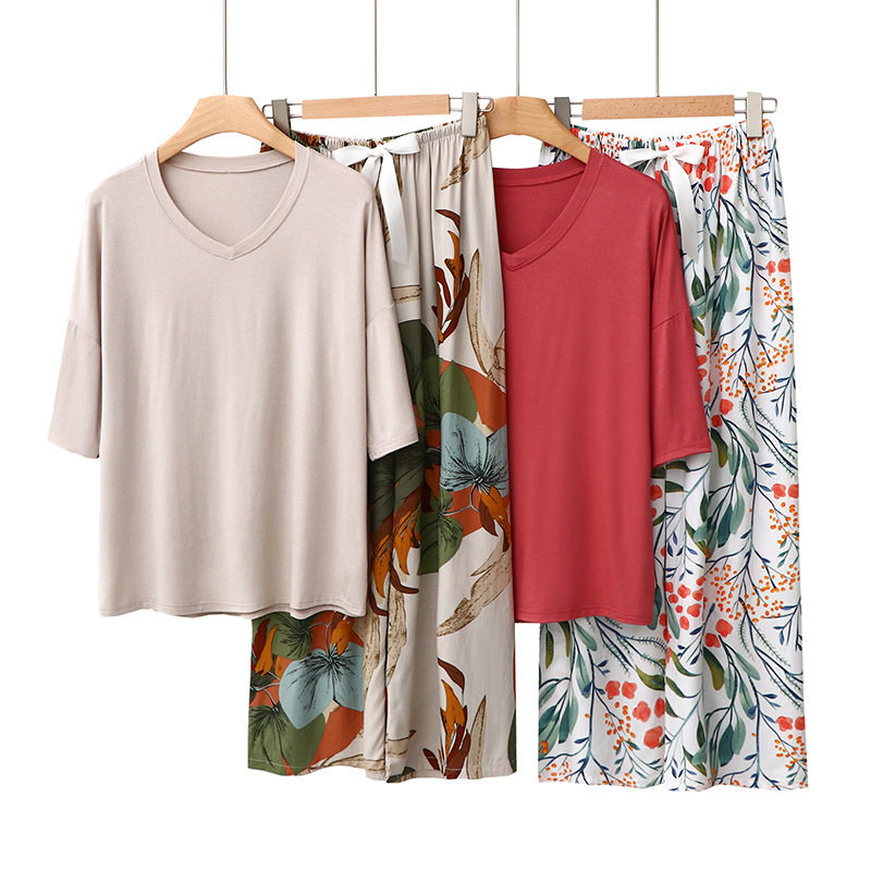 女莫代尔棉绸花裤子睡衣简约舒适