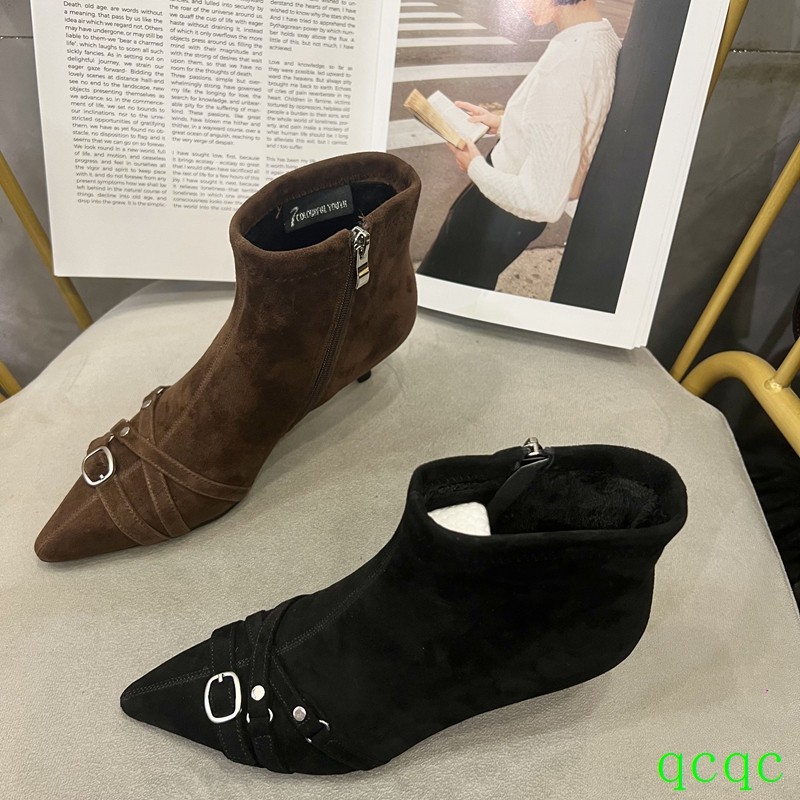 诗路花语580-815加绒靴子2025冬季新款真皮女鞋细跟尖头时尚短靴