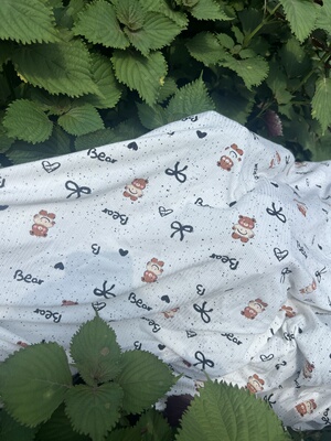 百分百全棉韩系蝴蝶结小熊薄款坑条拉架面料幅宽1.6米