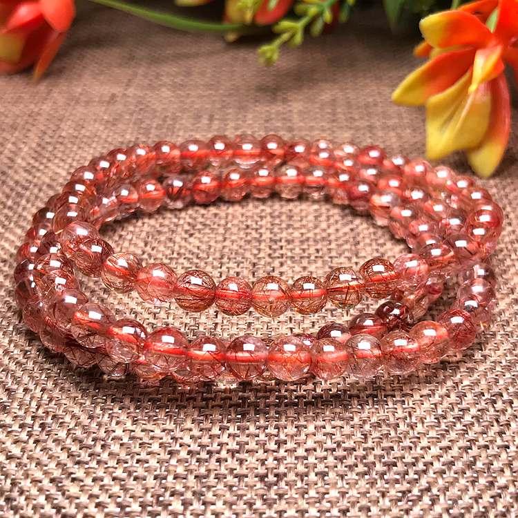 天然红铜发晶三圈手链原色饰品