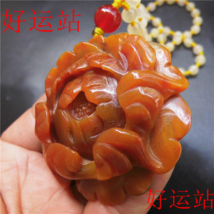 新款黄龙玉牡丹花吊坠玉石手工女生挂件黄蜡石项链宝石颈饰毛衣链