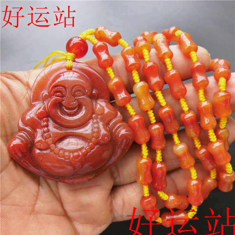 促销收藏级黄龙玉山筋红料大笑佛吊坠手工玉石工艺品时尚项链挂件