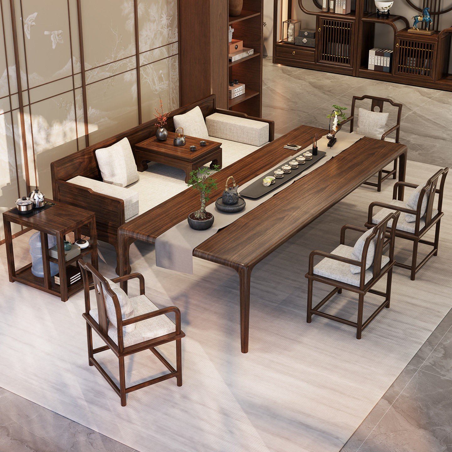 新中式胡桃木茶桌椅组合宋式美学客厅家用罗汉床榻高端实木茶台