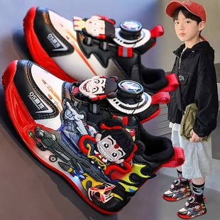 皮面亮灯鞋 男童哪吒运动鞋 中大童跑步鞋 旋转纽扣老爹鞋 2025春夏款