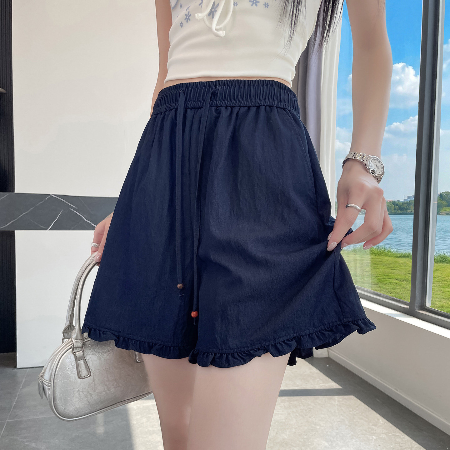 藏青冰丝高腰显瘦A字阔腿短裤女