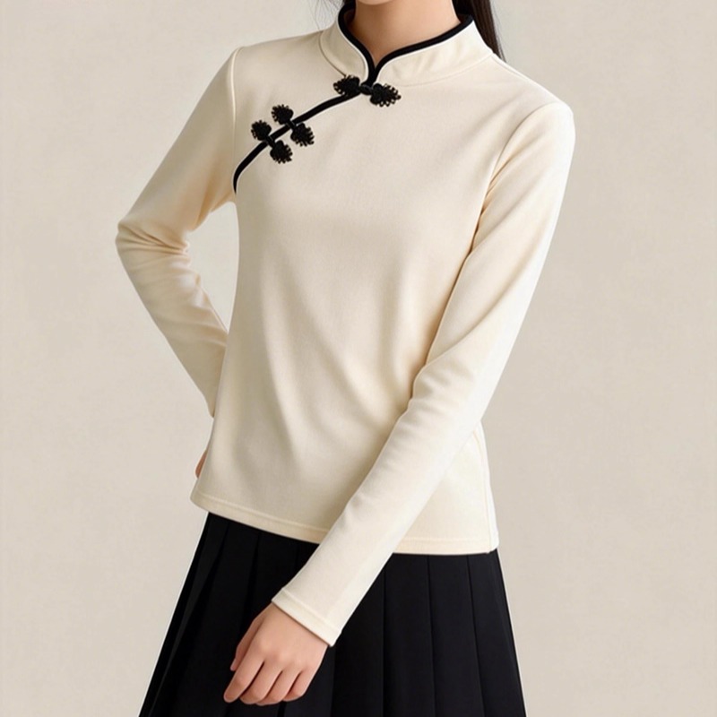 新中式国风立领德绒打底衫2026秋冬新款修身显瘦盘扣上衣短裙套装