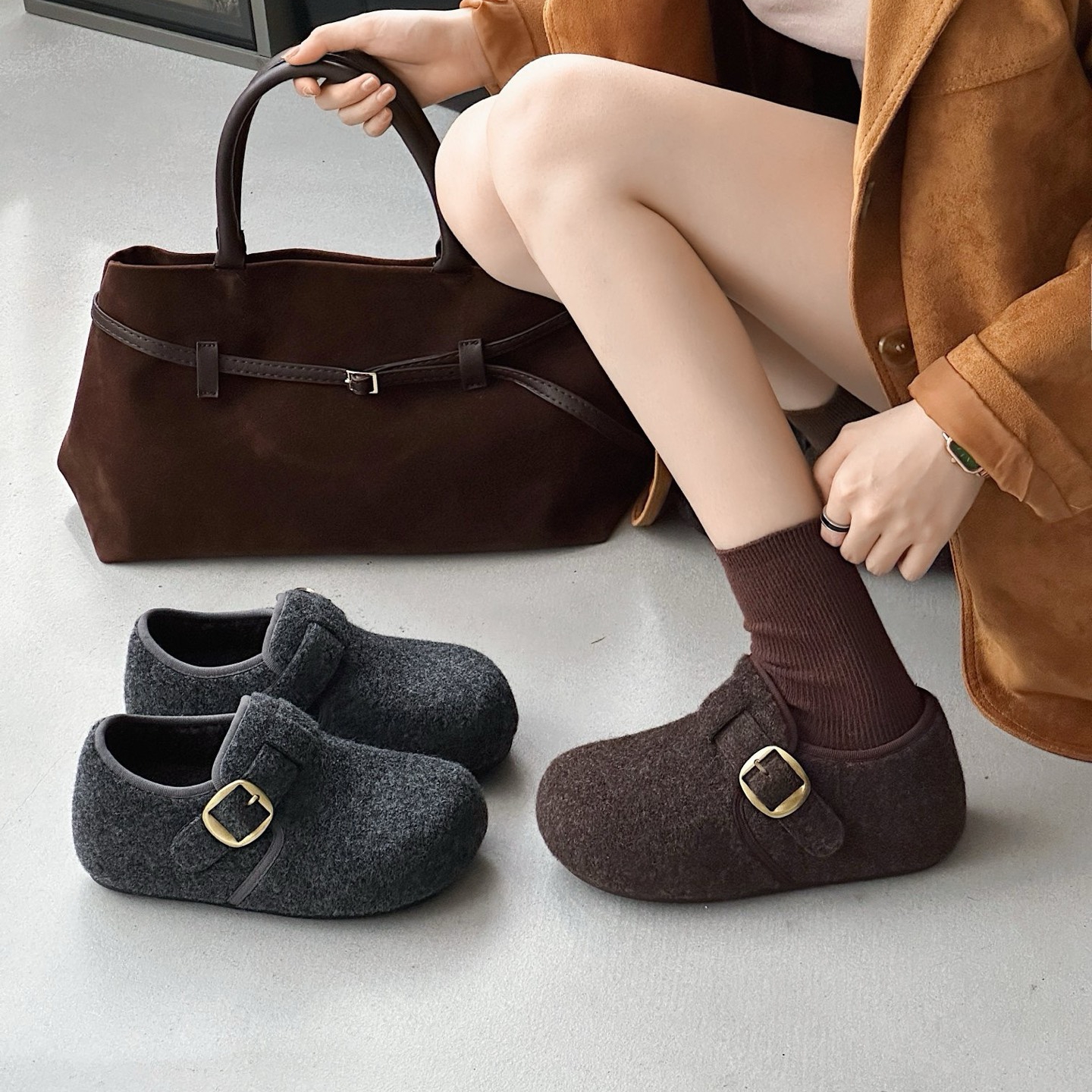 2025深秋冬季复古风毛呢勃肯鞋女鞋平底皮带扣绒面一脚蹬舒适单鞋