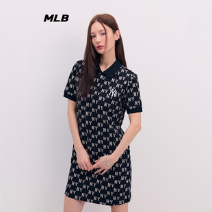 MLB美职棒夏女款满印老花POLO领直筒运动休闲舒适连衣裙3FOPM0143