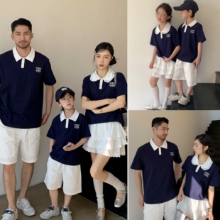 高端亲子装短袖T恤学院风母女蕾丝花边裙父子装翻领上衣polo衫潮