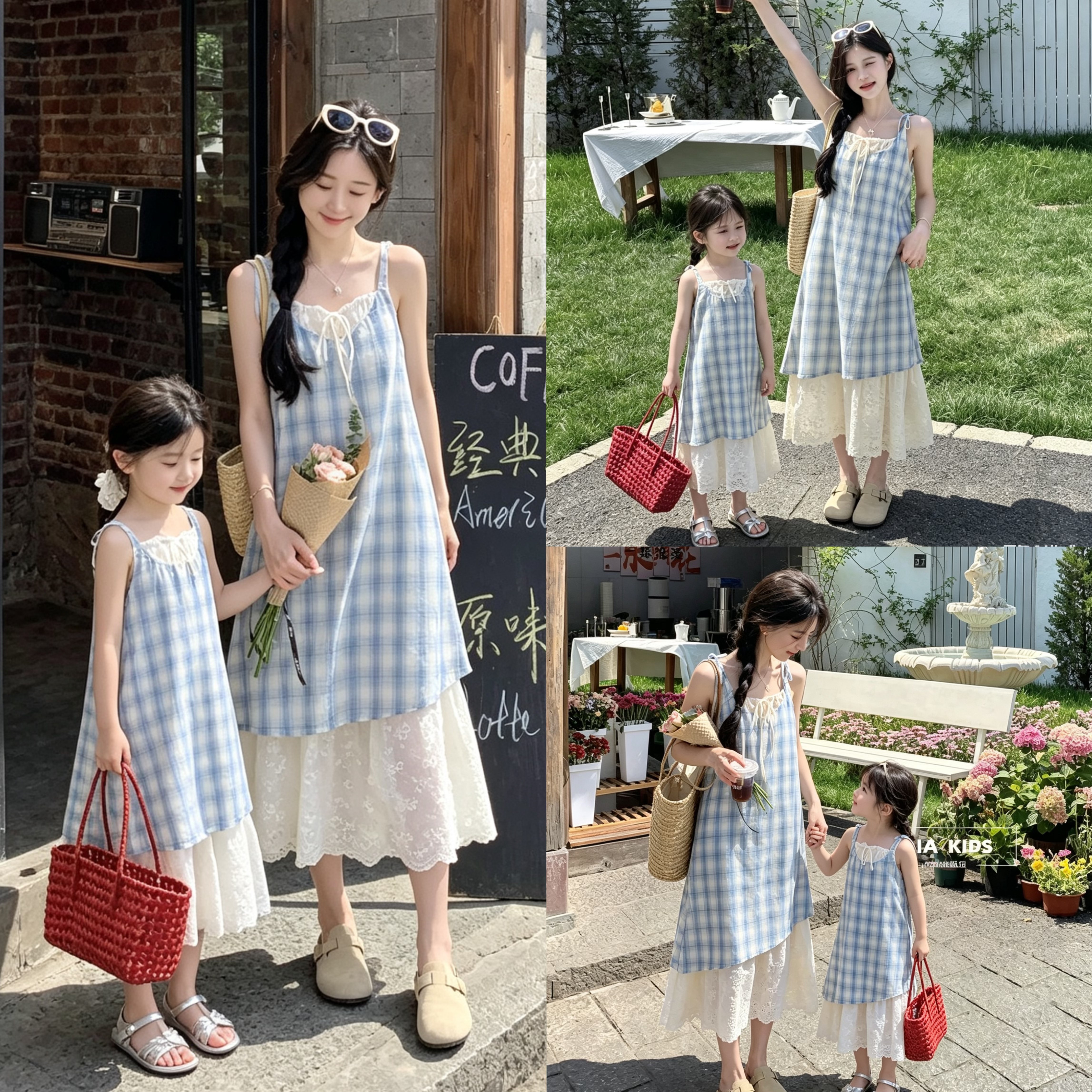 海边度假母女连衣裙高端吊带2026夏季亲子装一家三口法式格子衬衫