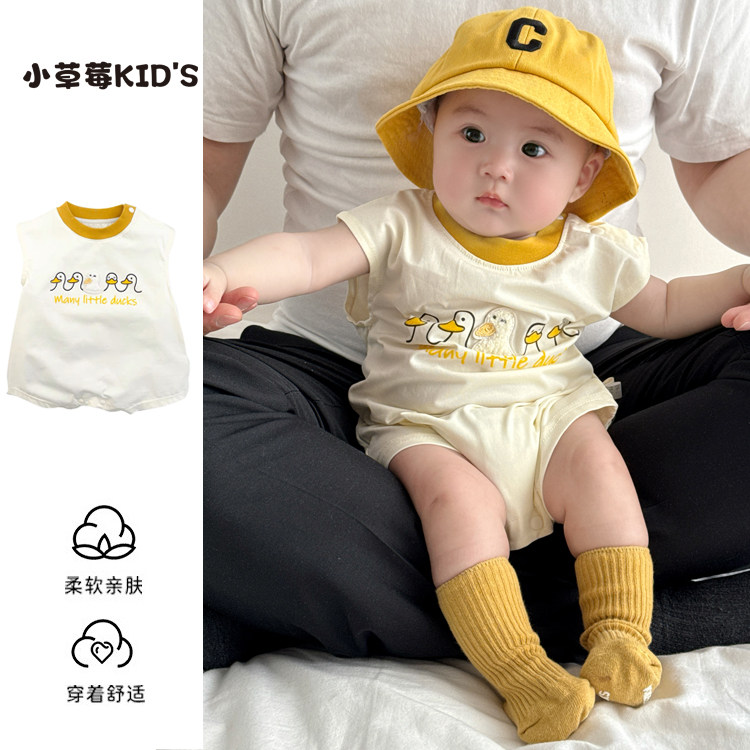 夏天婴儿衣服宝宝无袖哈衣超萌可爱卡通短爬婴幼儿满月百天外出服