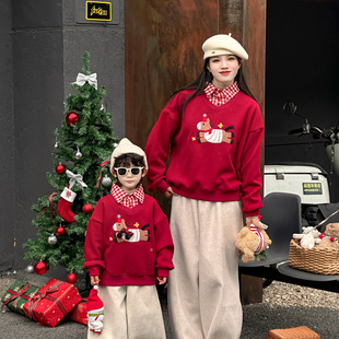 马年炸街亲子装母子母女过年红色男女童衬衫假两件领加绒卫衣套装