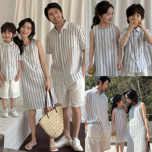 高端韩系男女童亲子装夏天一家三口四口母女装连衣裙兄妹套装潮