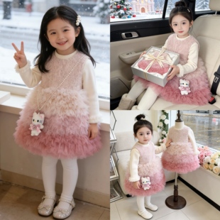 女童连衣裙冬装新款儿童公主裙宝宝周岁礼服秋冬加绒生日网纱裙子
