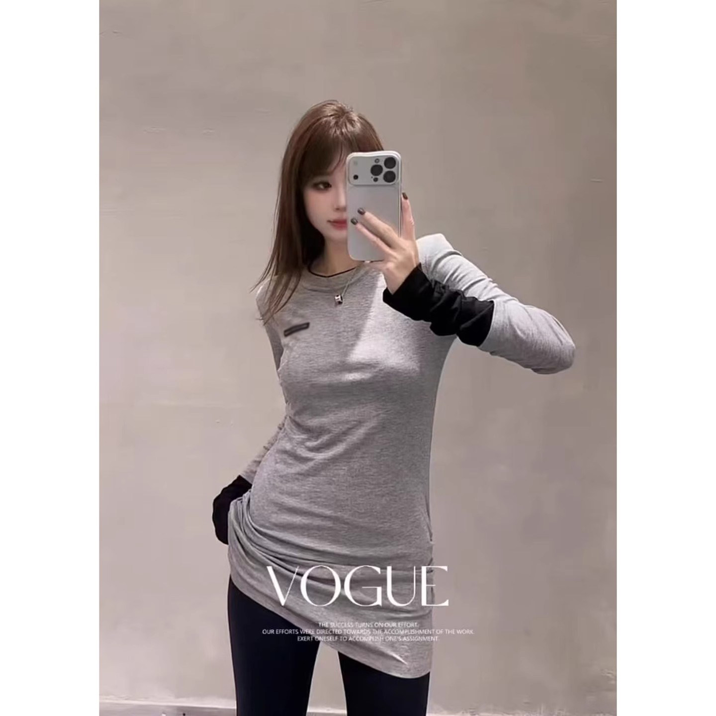 假两件拼接撞色磨毛长袖T恤女秋冬收腰显瘦褶皱中长款打底衫上衣