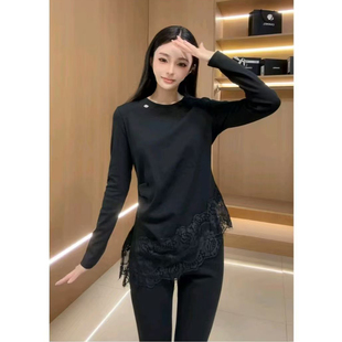 韩系洋气叠穿拼接蕾丝不规则开叉下摆T恤女春款圆领收腰捏褶上衣