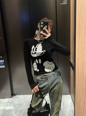 美式高街潮牌黑色泡泡印米奇长袖T恤女2025秋冬卡通显瘦时髦上衣